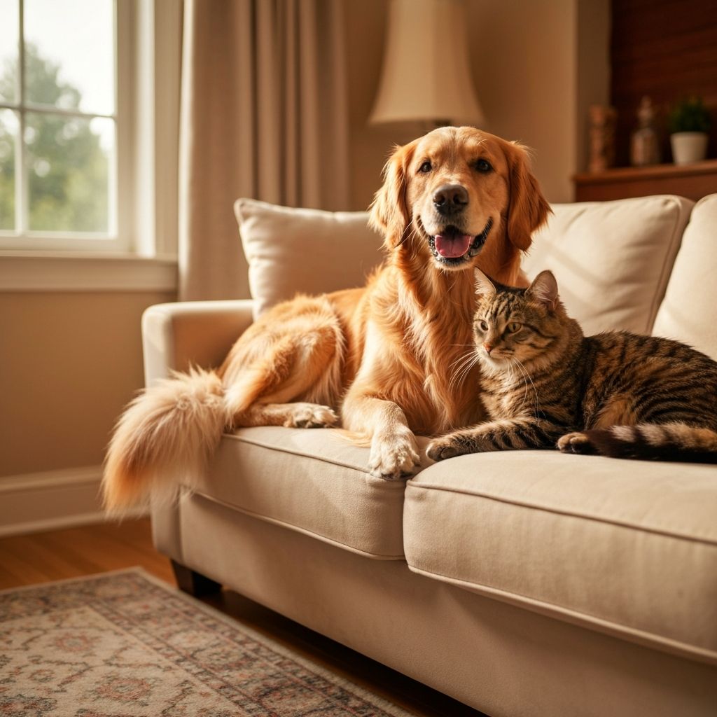 A happy golden retriever and orange tabby cat sitting together, representing the pets PawGuard protects